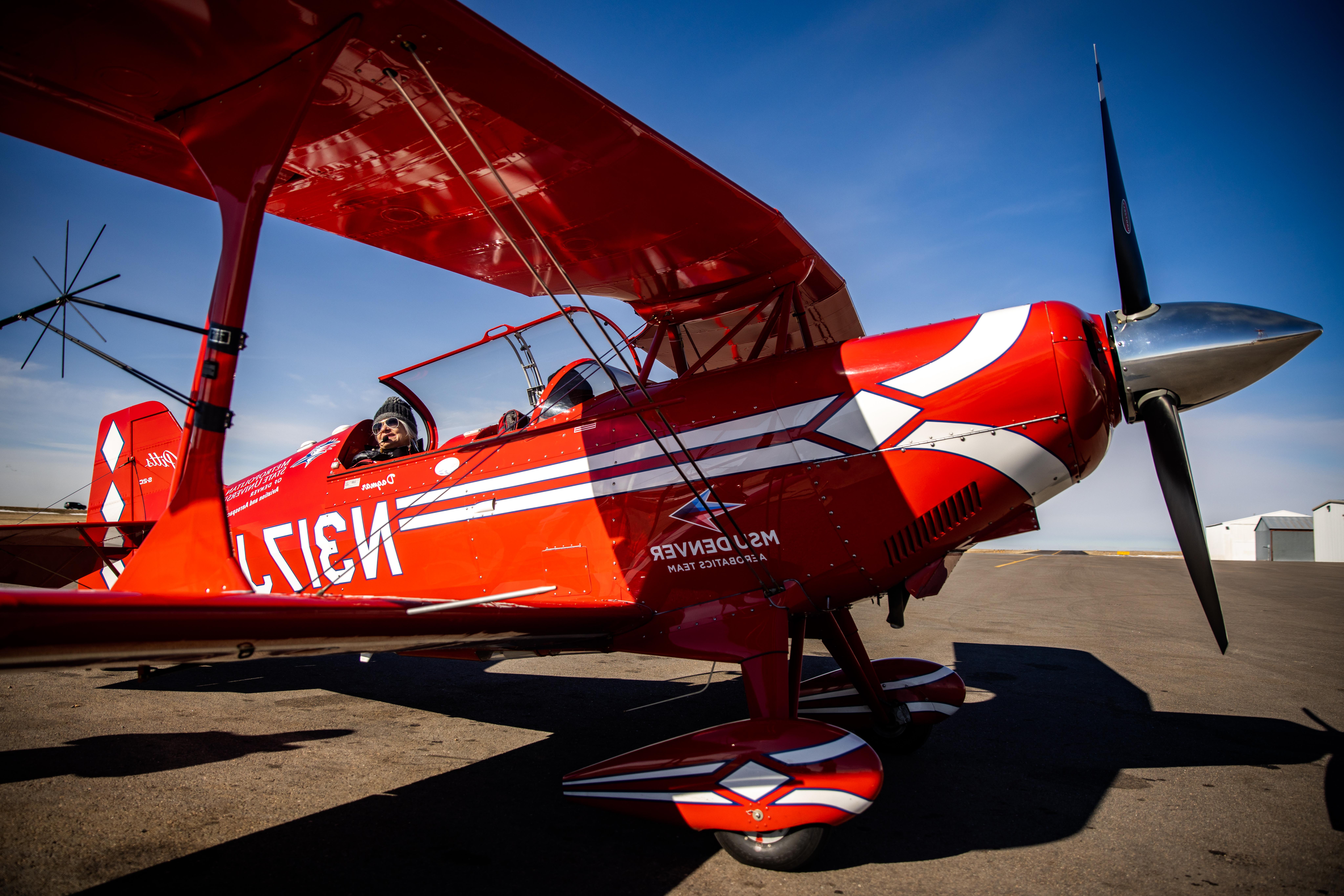 Dagmar Kress, Lecturer and Aerobatics Team Coach at MSU Denver Aviation and Aerospace Department and MSU Denver student, Haley Jo Brinson, return from a practice flight on Feb. 12, 2022 at Fort Morgan Municipal Airport. Photo by Alyson McClaran