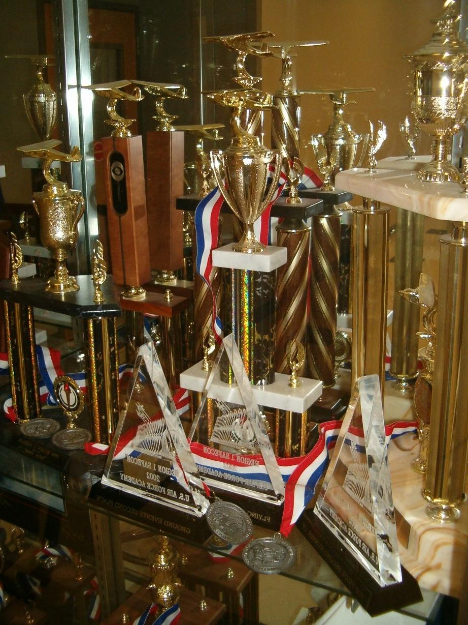 Trophies and medals awarded to the MSU Denver Precision Flight Team.